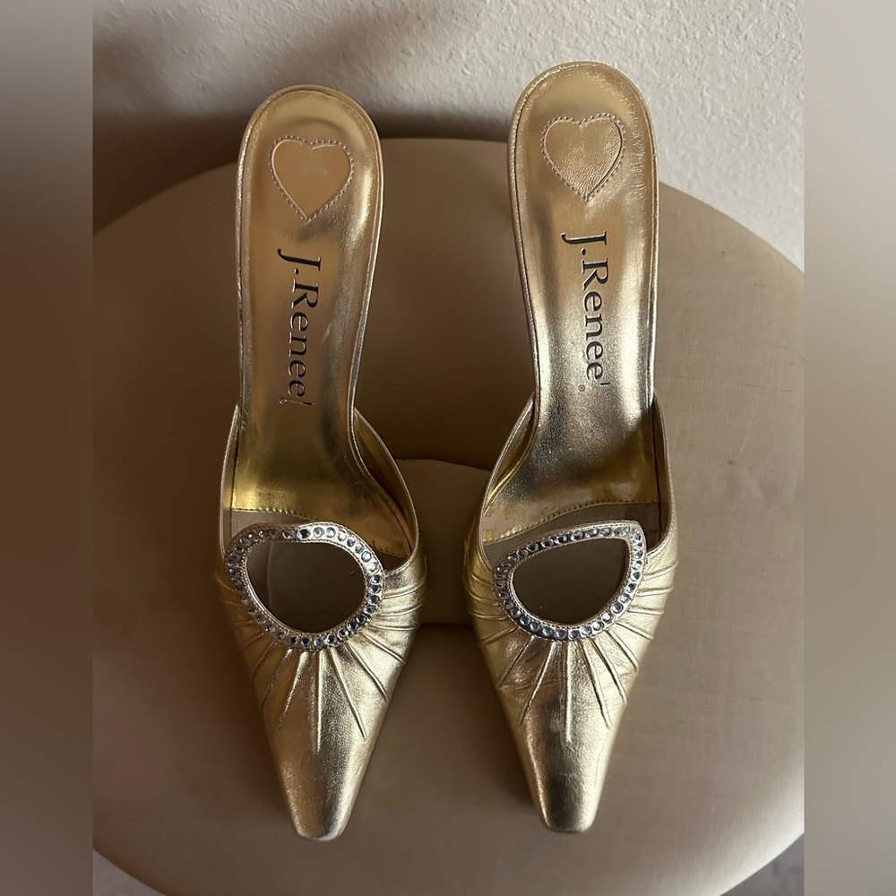J.Renee Gold Pointed Toe Slide Heels with Crystal Accent